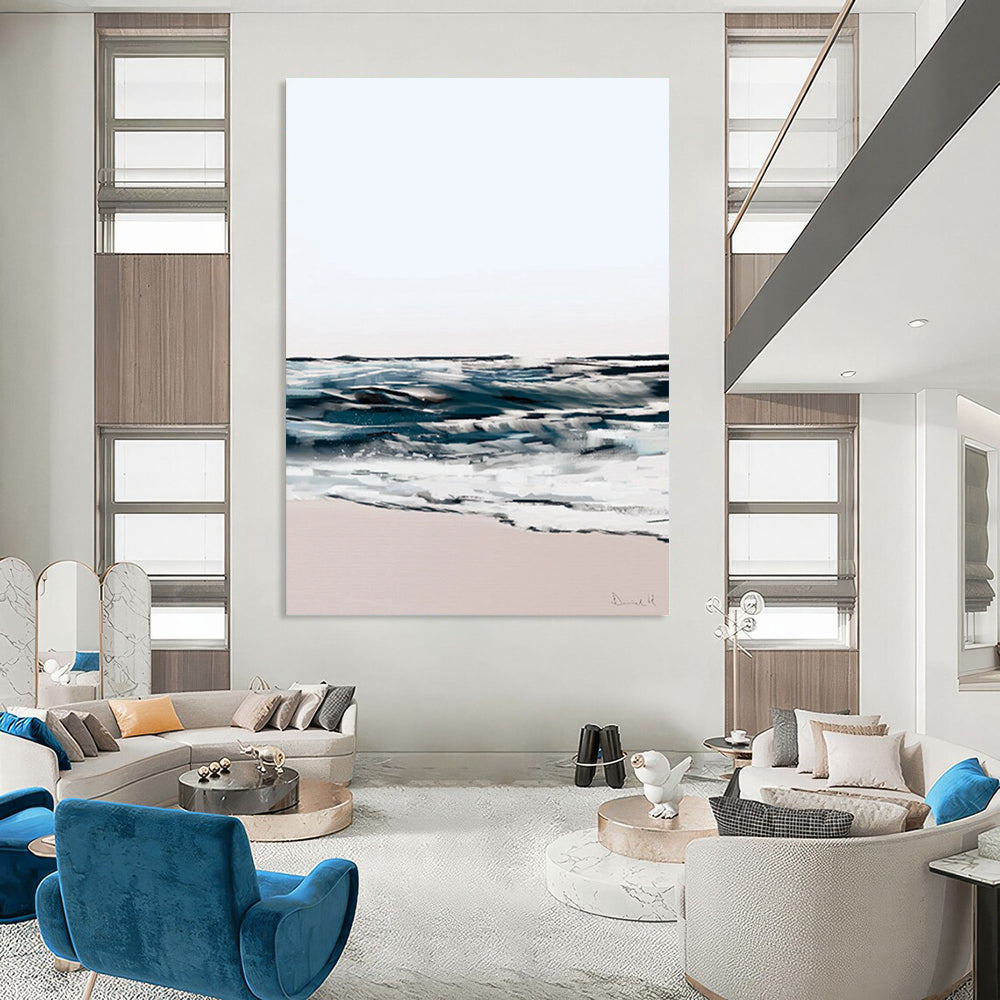 “Abstract Coastal Waves” - Blue, White, and Pink Abstract Painting On Canvas DTP208