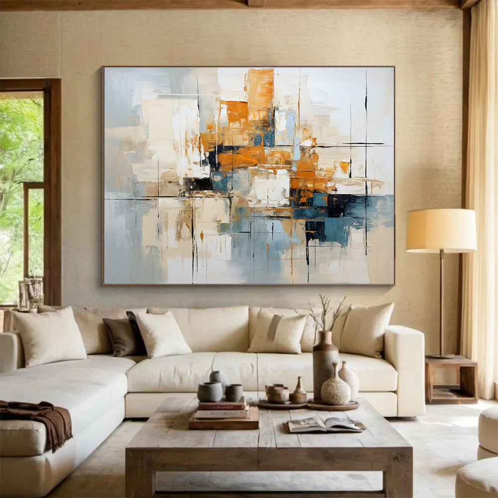 “Blue, Orange, Gray Urban ‘Metro Melody’” - Abstract Cityscape Painting On Canvas DLZ006