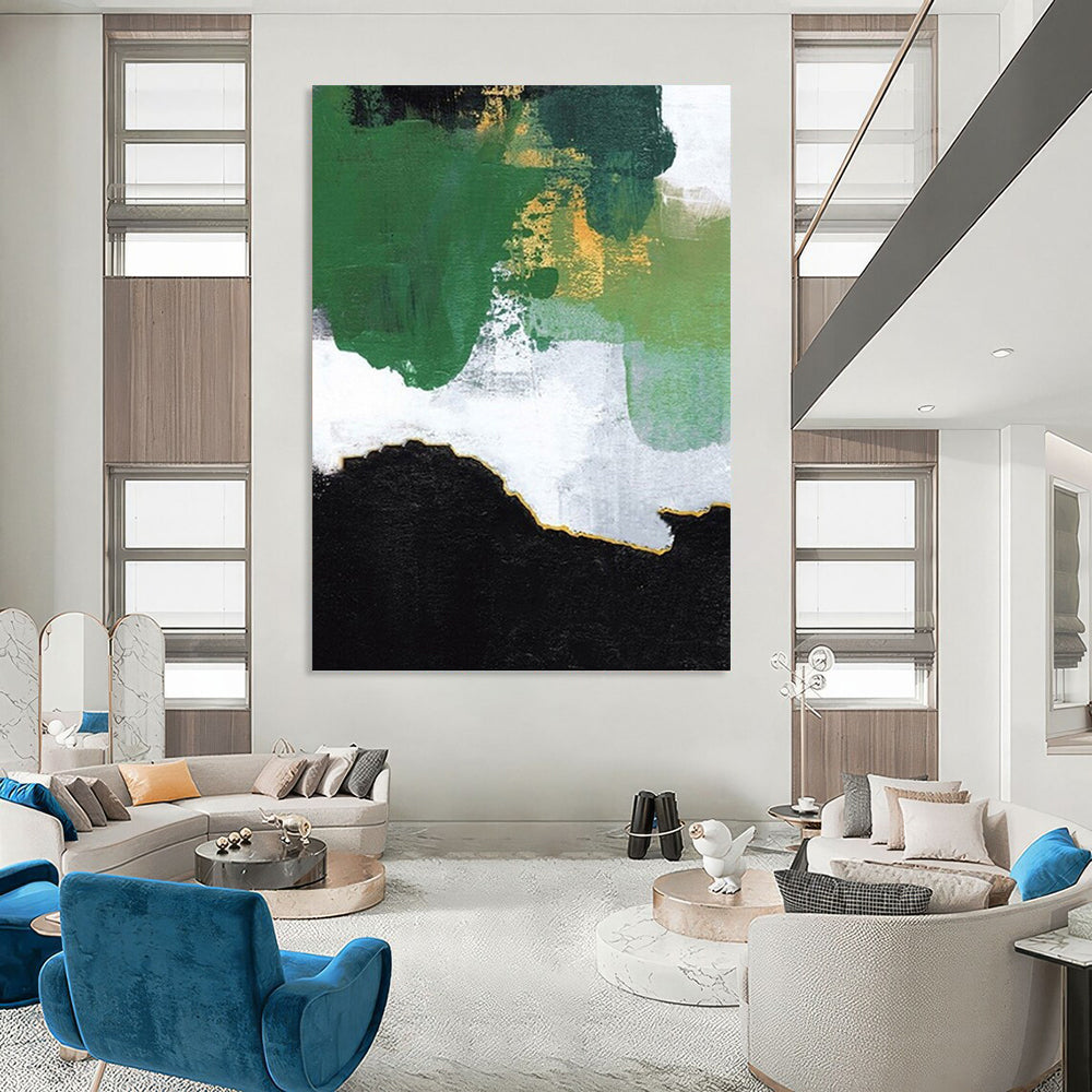 “Green, Gold & Black Abstract Layers” - Green, Gold, Black & White Abstract Painting On Canvas DKH1222