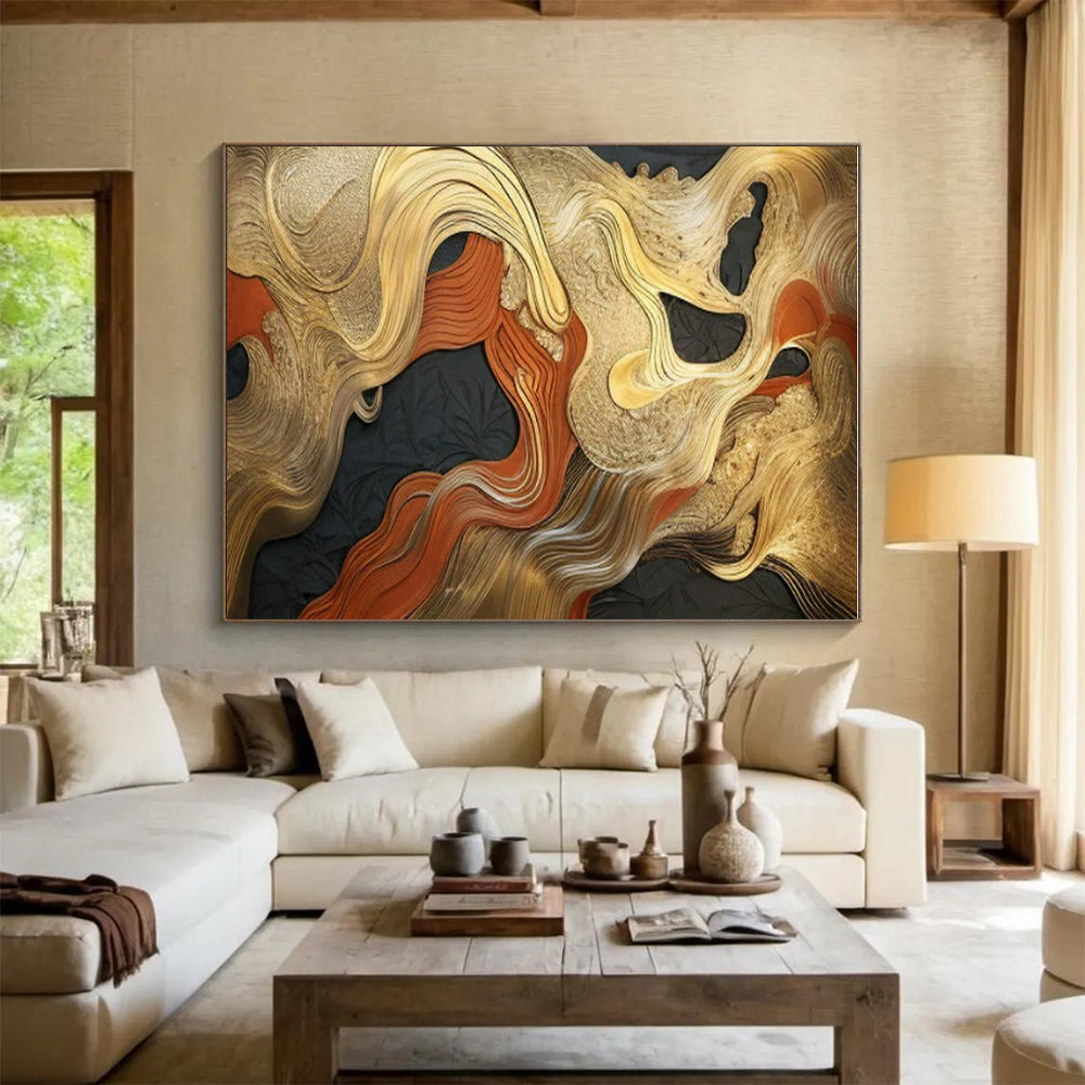 “Gold - Red - Black Abstract Waves” ,Abstract Textured Painting CT0822