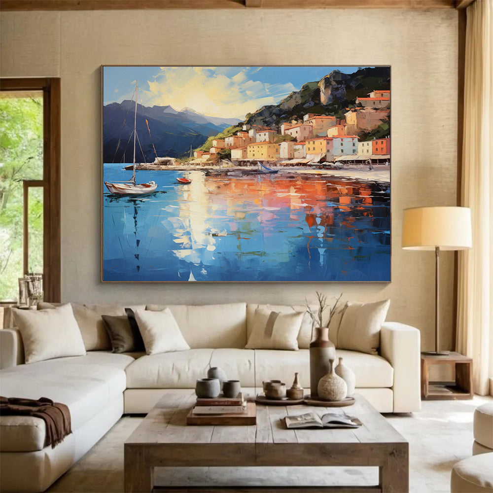 Coastal Village - Bright Blue & Warm Orange Impressionistic Town Painting On Canvas DKH877