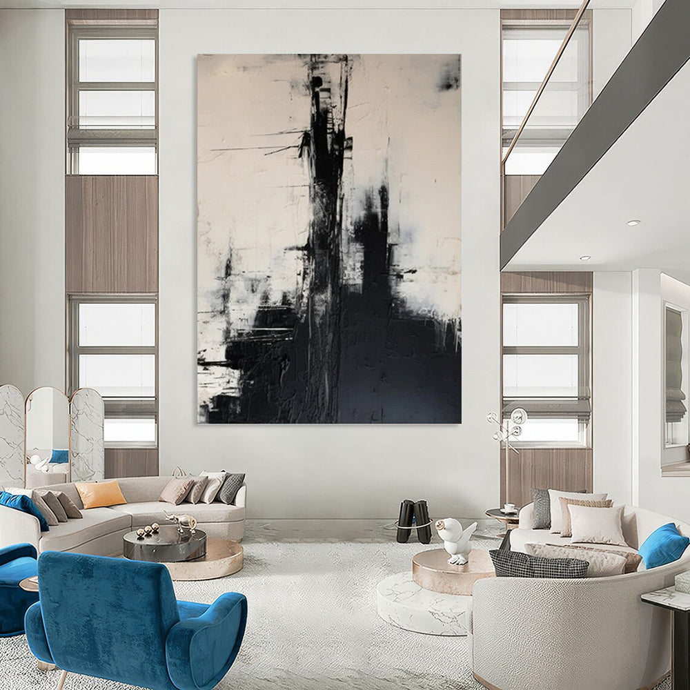 Black & White Urban Abstraction - Abstract Cityscape Painting On Canvas DKH1261
