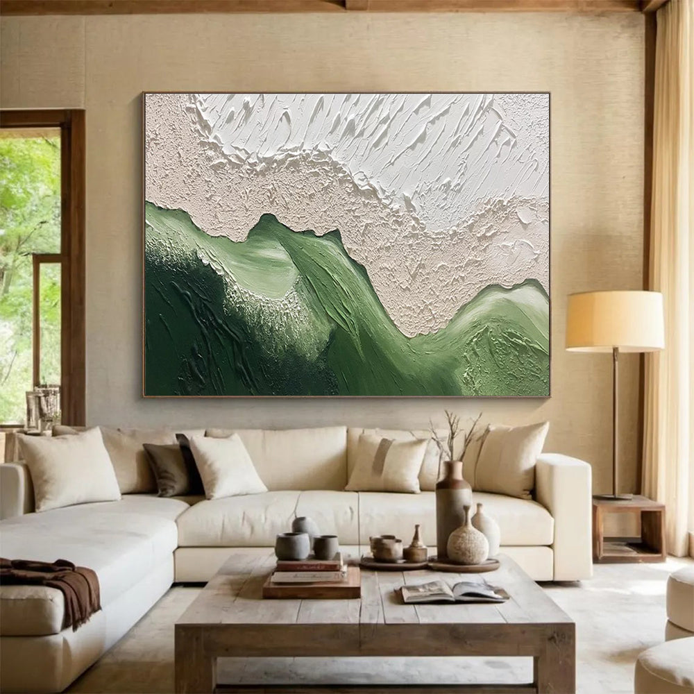 Abstract Green Mountains - Beige & Green Textured Landscape Painting On Canvas DKH874