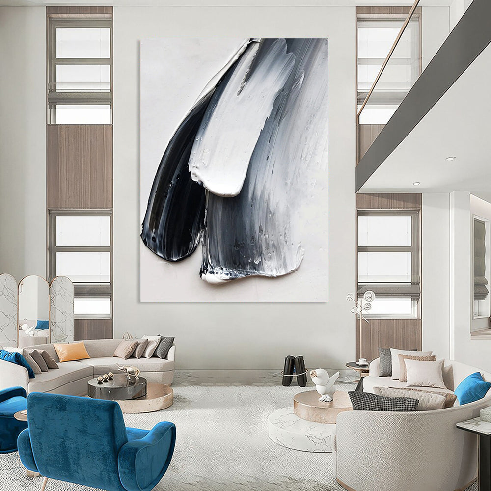 “Black - White - Gray Textured Strokes” - Minimalist Impasto Painting On Canvas DKH1676