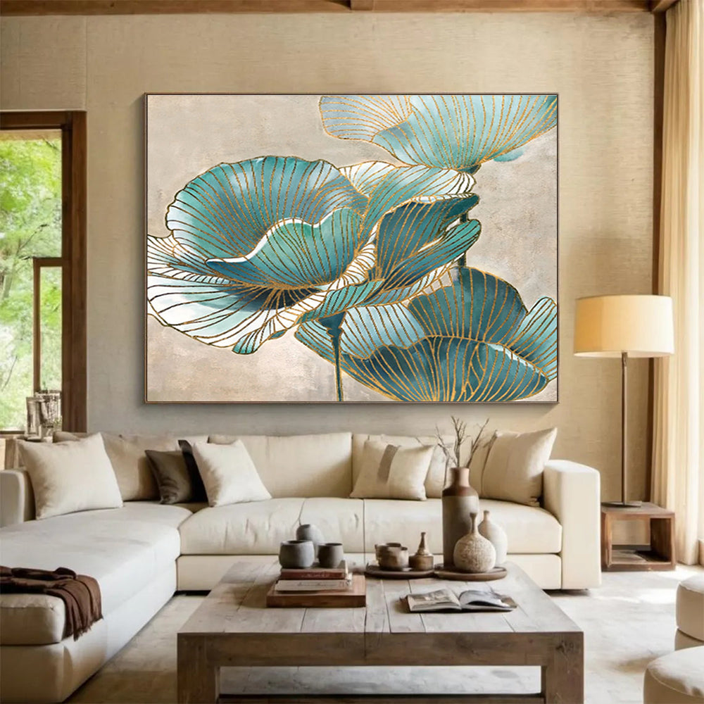 “Blue & Gold Floral Abstract” Abstract Decorative Painting On Canvas DKH428