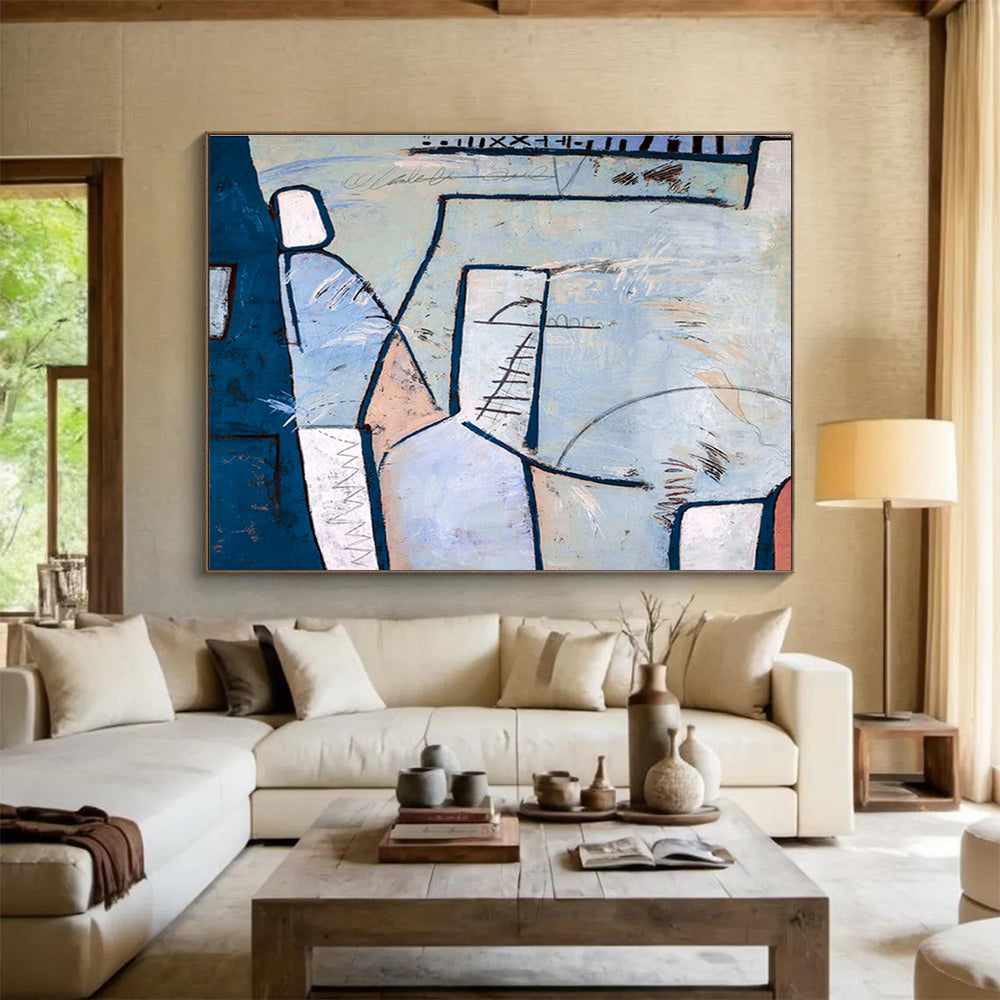 “Blue - Pink Geometric Layers” Abstract Mixed - Media Painting On Canvas DKH547