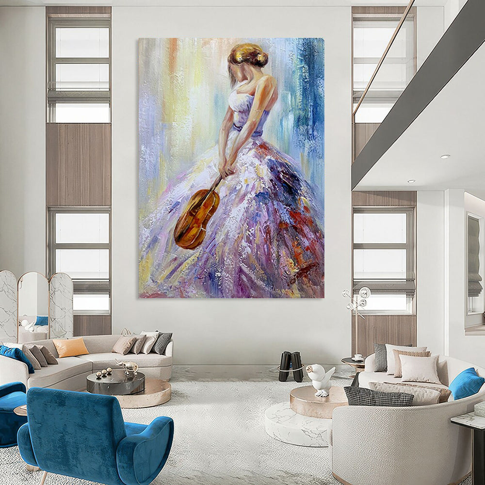 “Colorful Woman with Violin” – Impressionistic Oil Painting On Canvas CT2182