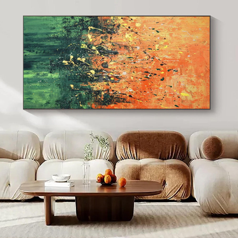 “Orange - Green Splatter Abstract” ,Abstract Expressionist Acrylic Painting CT0926