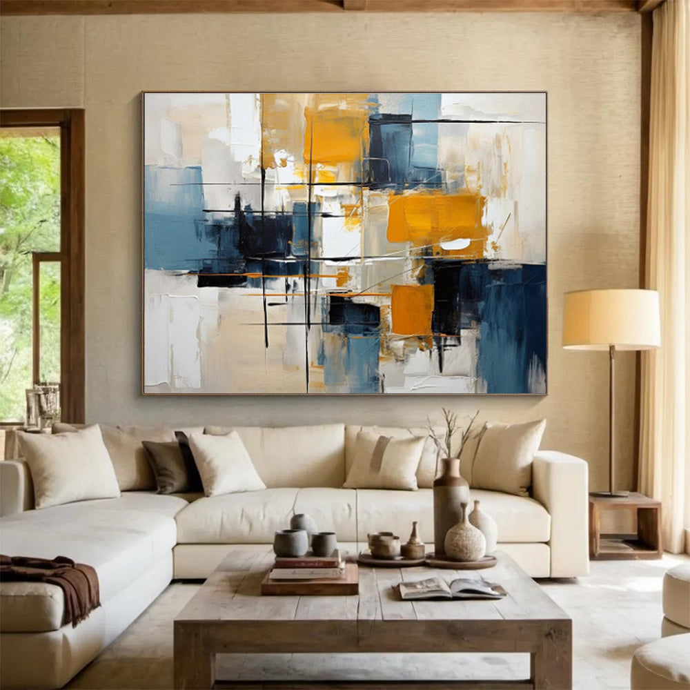 Abstract Geometric Blocks in Yellow and Blue Painting On Canvas DKH183