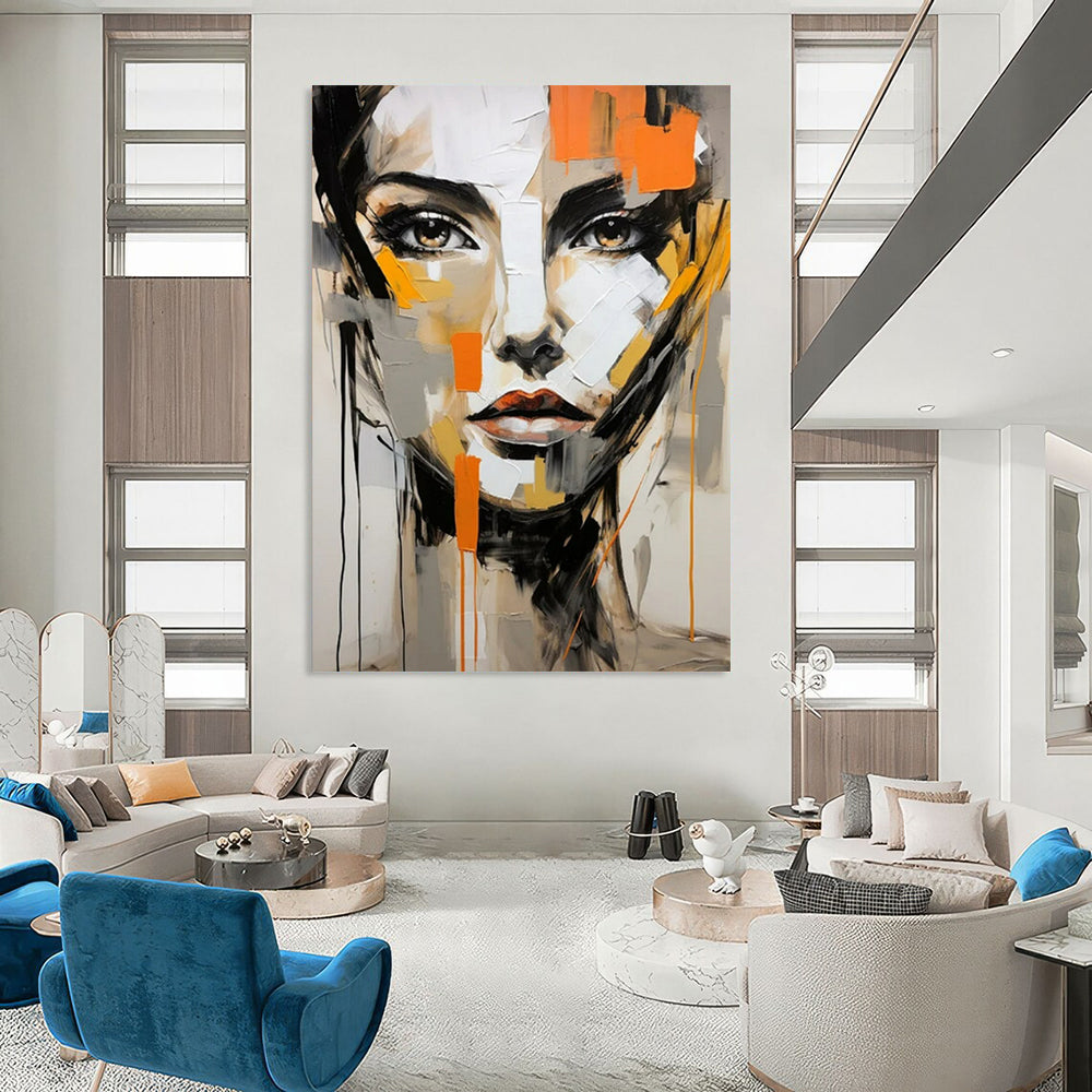 “Abstract Face” - Gray, Orange & Black Portrait Painting On Canvas CT2215