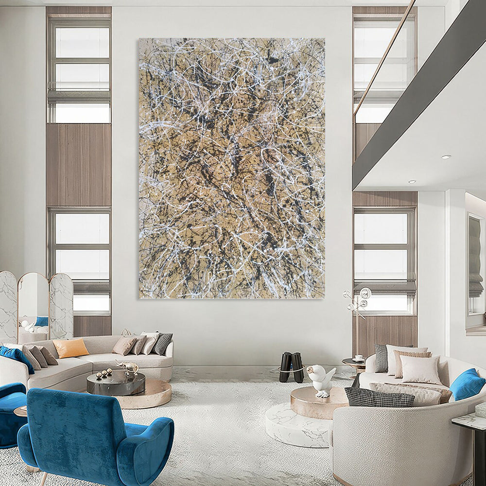 “Beige and Black Web” - Beige and Black Abstract Drip Painting On Canvas DKH1574