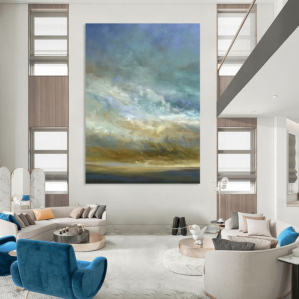 “Sky & Sea in Soft Hues” - Blue, Beige & White Impressionistic Painting On Canvas DKH0953
