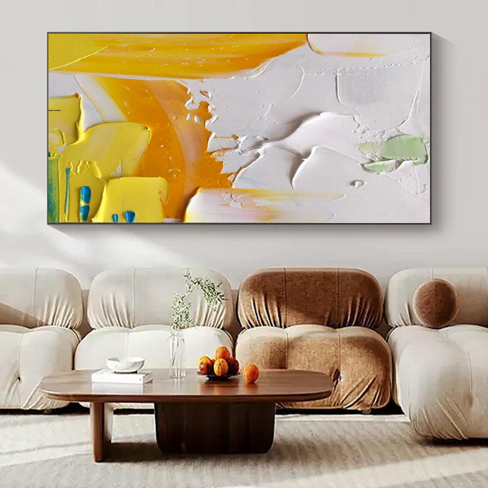 Bright Yellow & White Textured Abstraction - Impasto Abstract Acrylic On Canvas CT1346