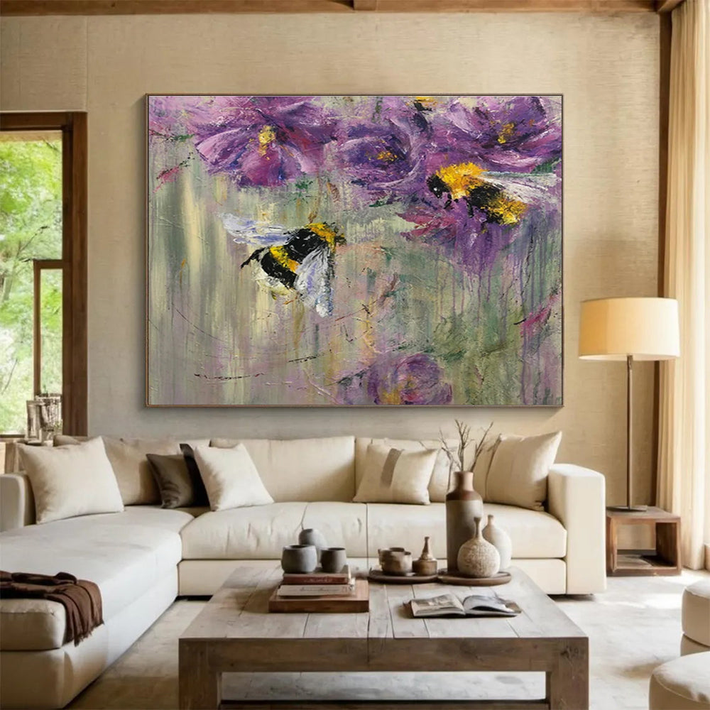 “Buzzy Floral Delight” - Purple, Yellow, Black Bee & Flower Impressionistic Painting On Canvas DKH718