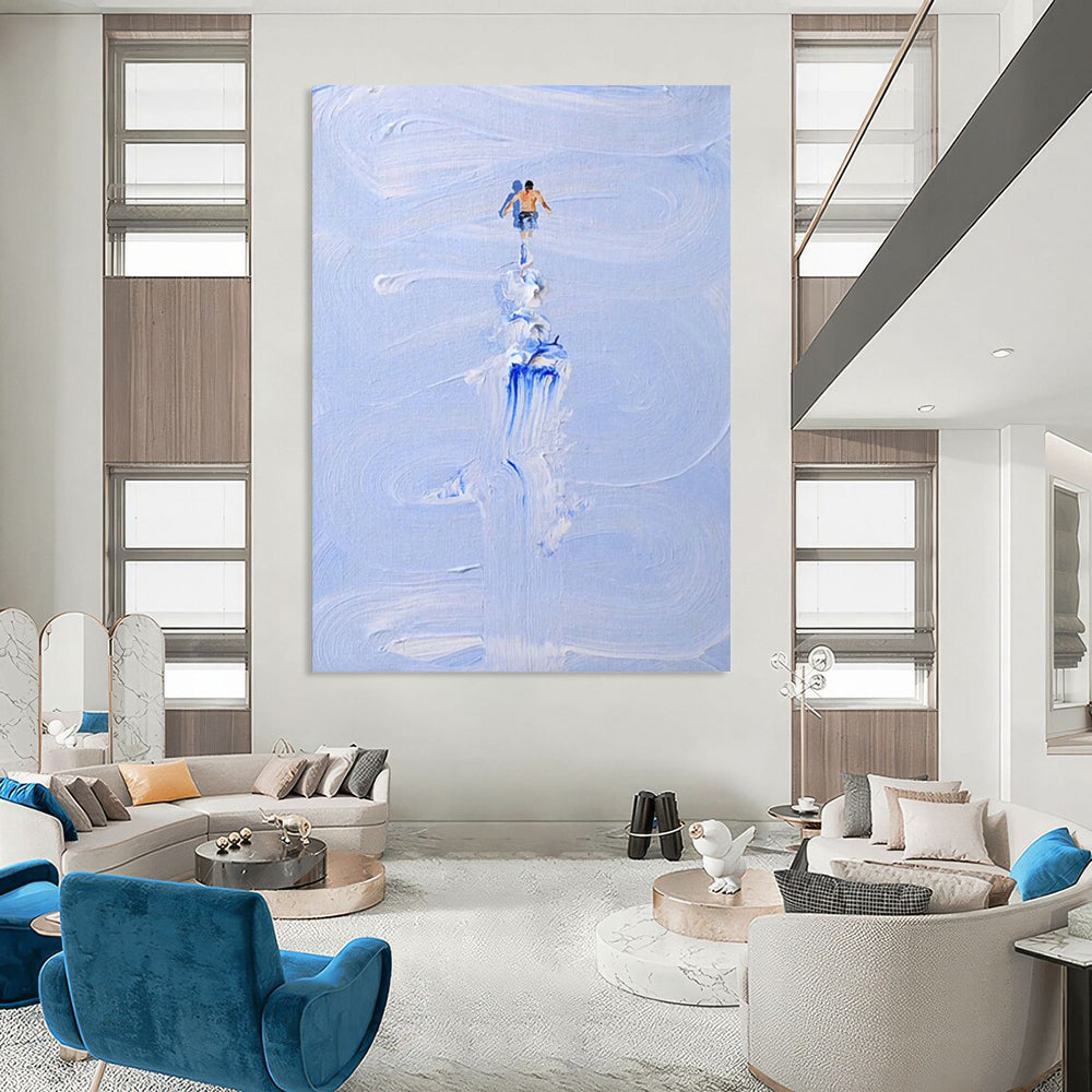 “Blue, White Figure ‘Water Wanderer’” - Impasto Sea & Figure Painting On Canvas DTP327