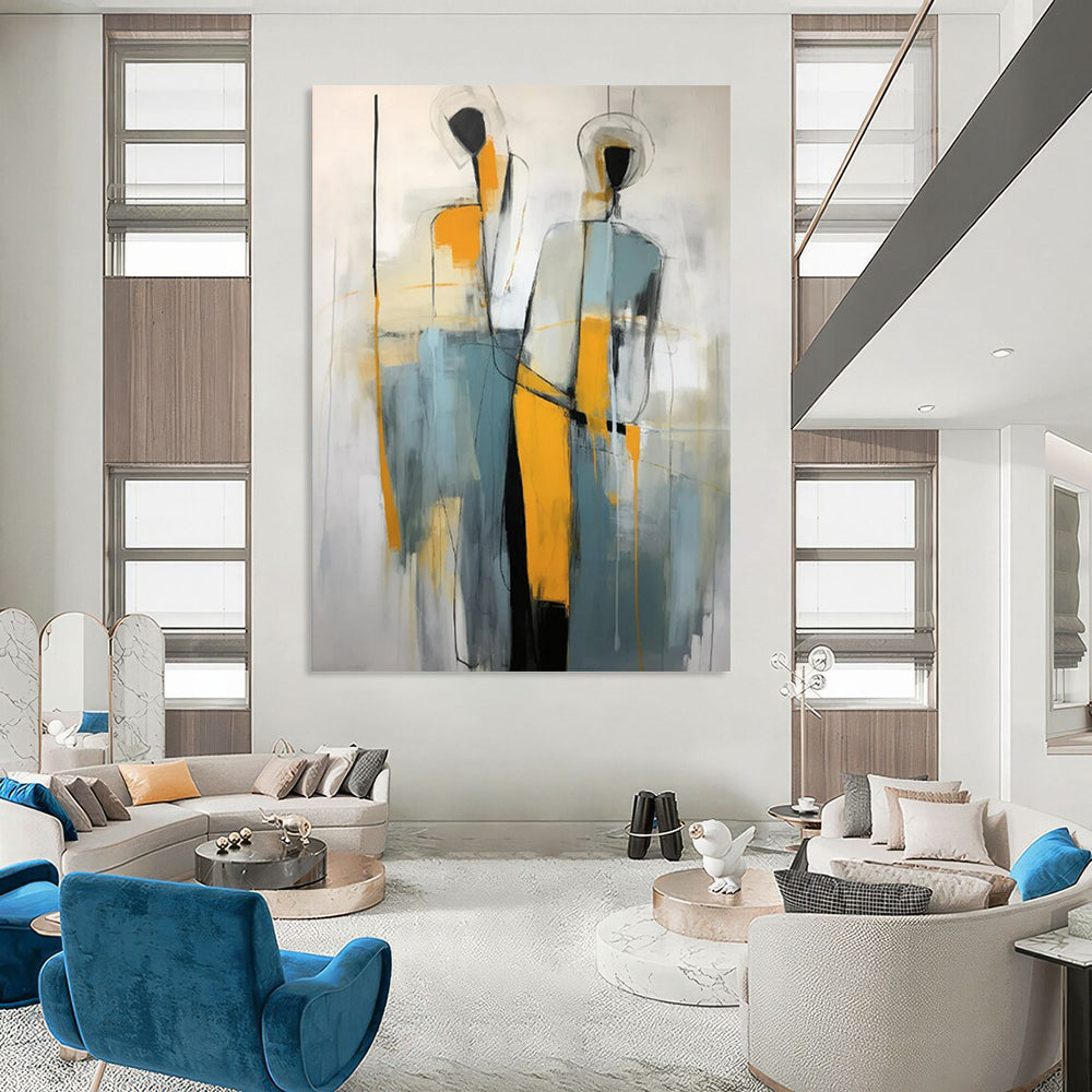 “Abstract Figures” - Gray, Orange & Blue Abstract Painting On Canvas CT2232