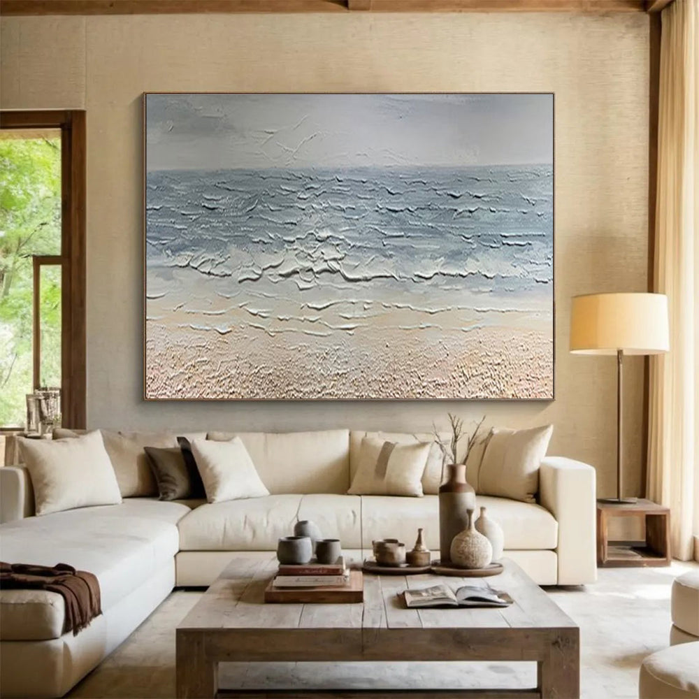 “Textured Seashore - Gray & Beige Impasto Beach Painting On Canvas” DKH865