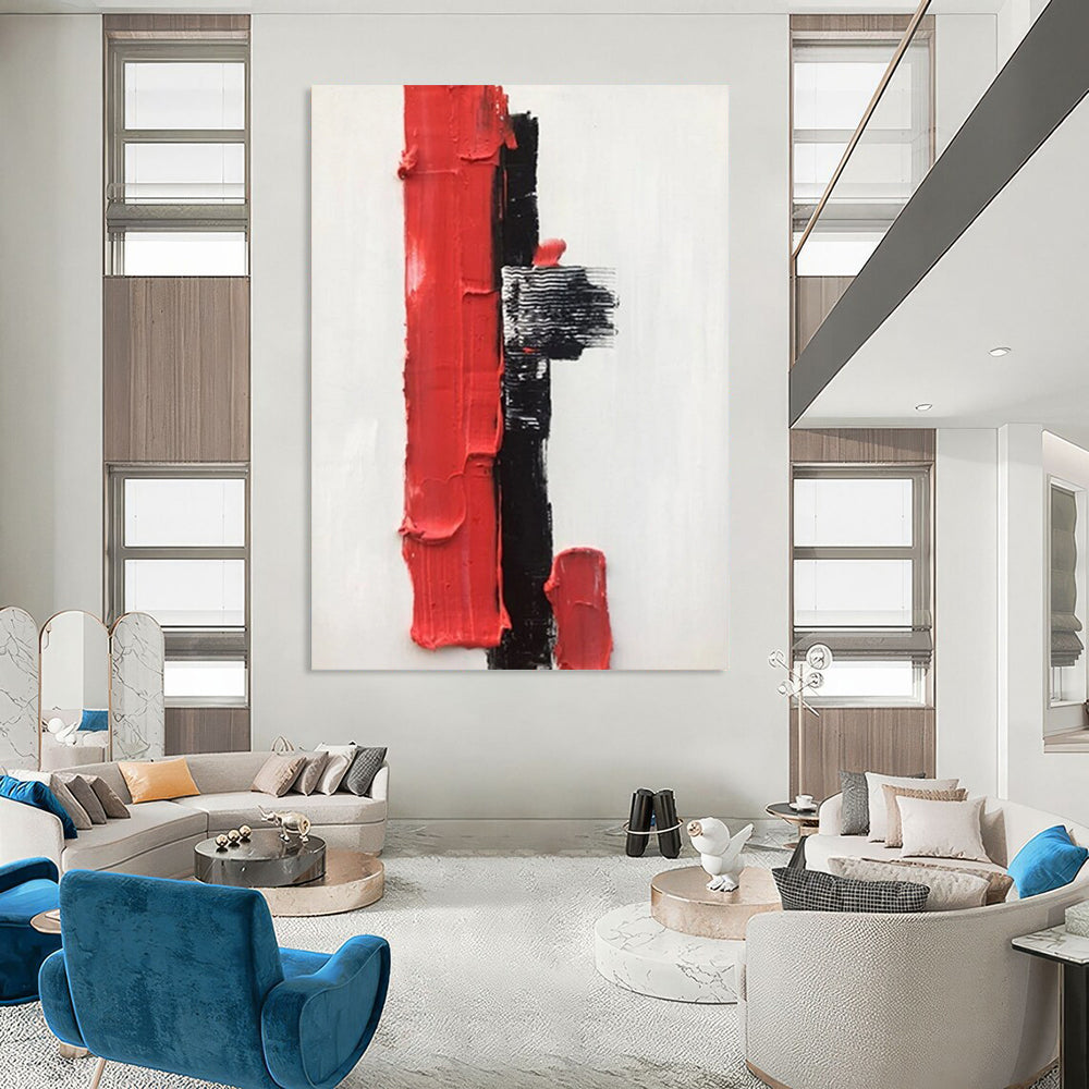 “White, Black, Red Textured Blocks ‘Bold Simplicity’” - Impasto Abstract Painting On Canvas DTP390