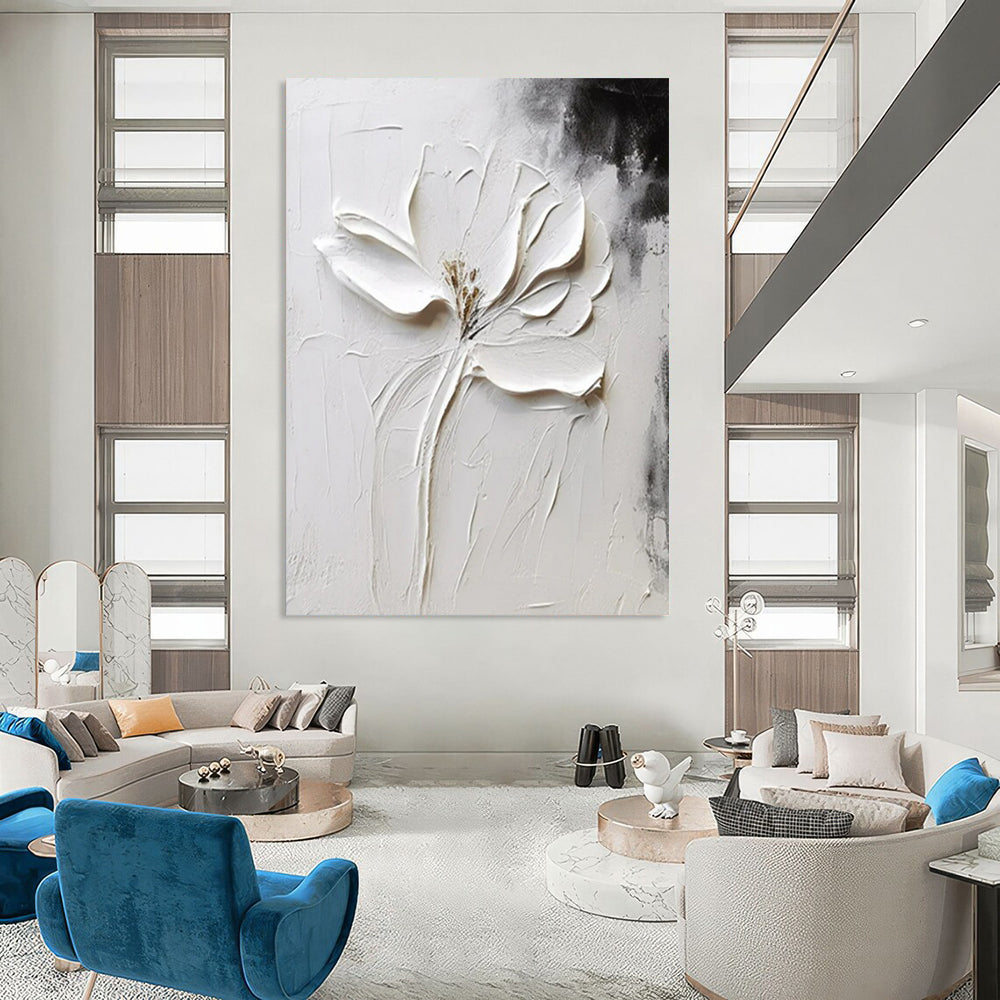 “Sculpted White Flower” - Black & White Floral Painting On Canvas CT2217