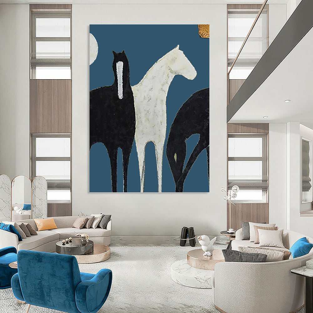 Stylized Black and White Horses on Blue - Equine Painting On Canvas DKH1440