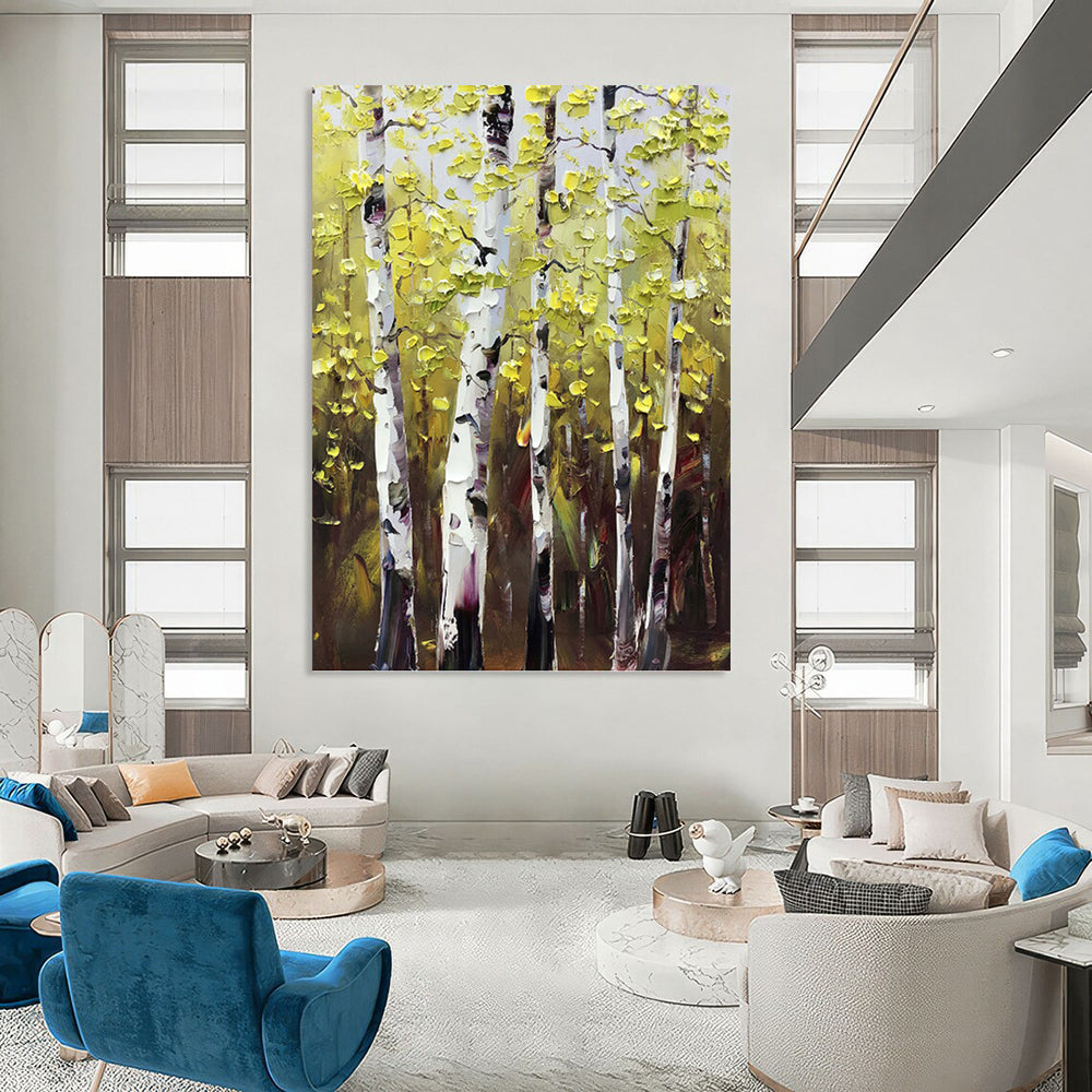 Sunlit Birch Forest in Green and Yellow - Landscape Painting On Canvas DKH1282