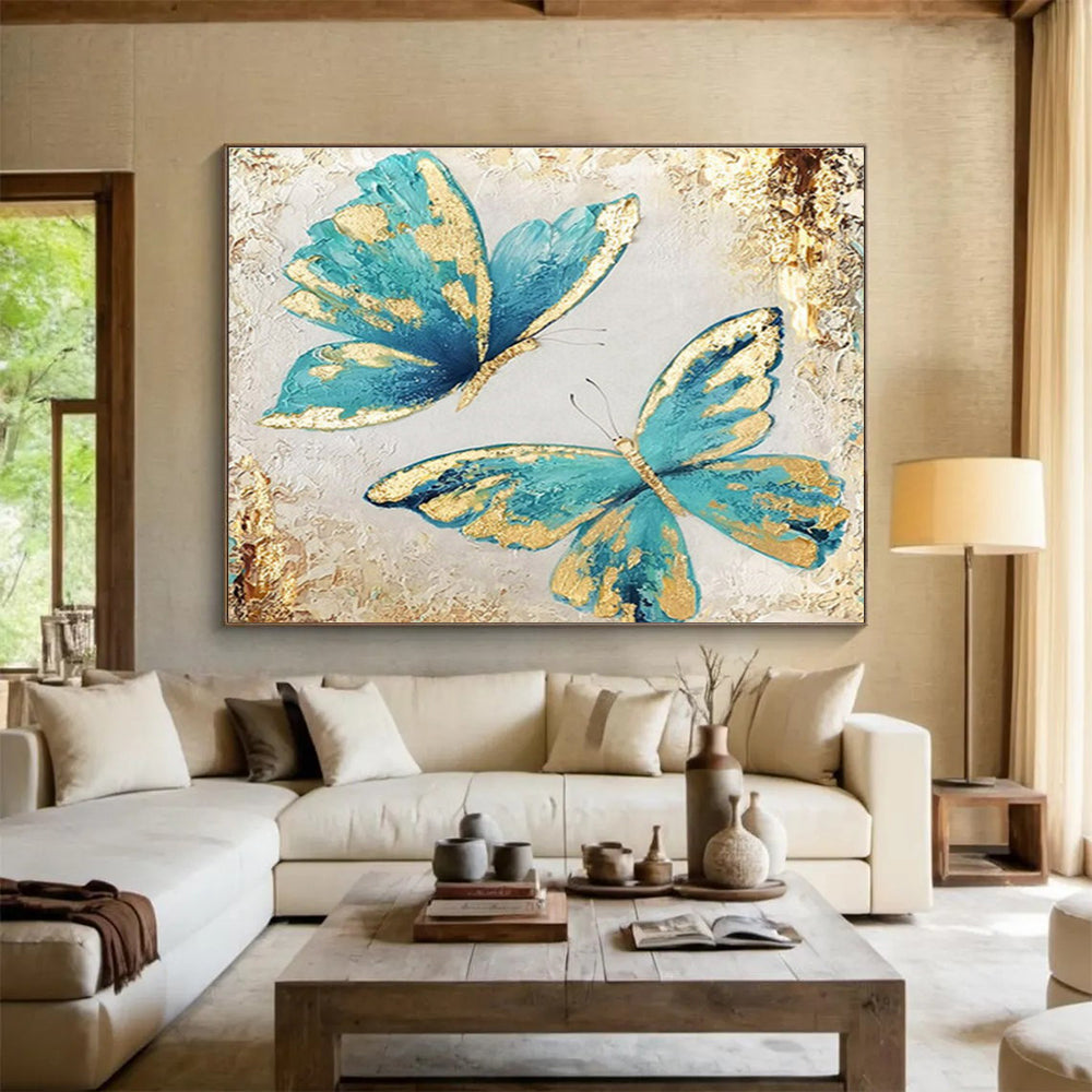 “Teal & Gold Butterflies” - Blue, Gold, White Impasto Insect Painting On Canvas DKH734