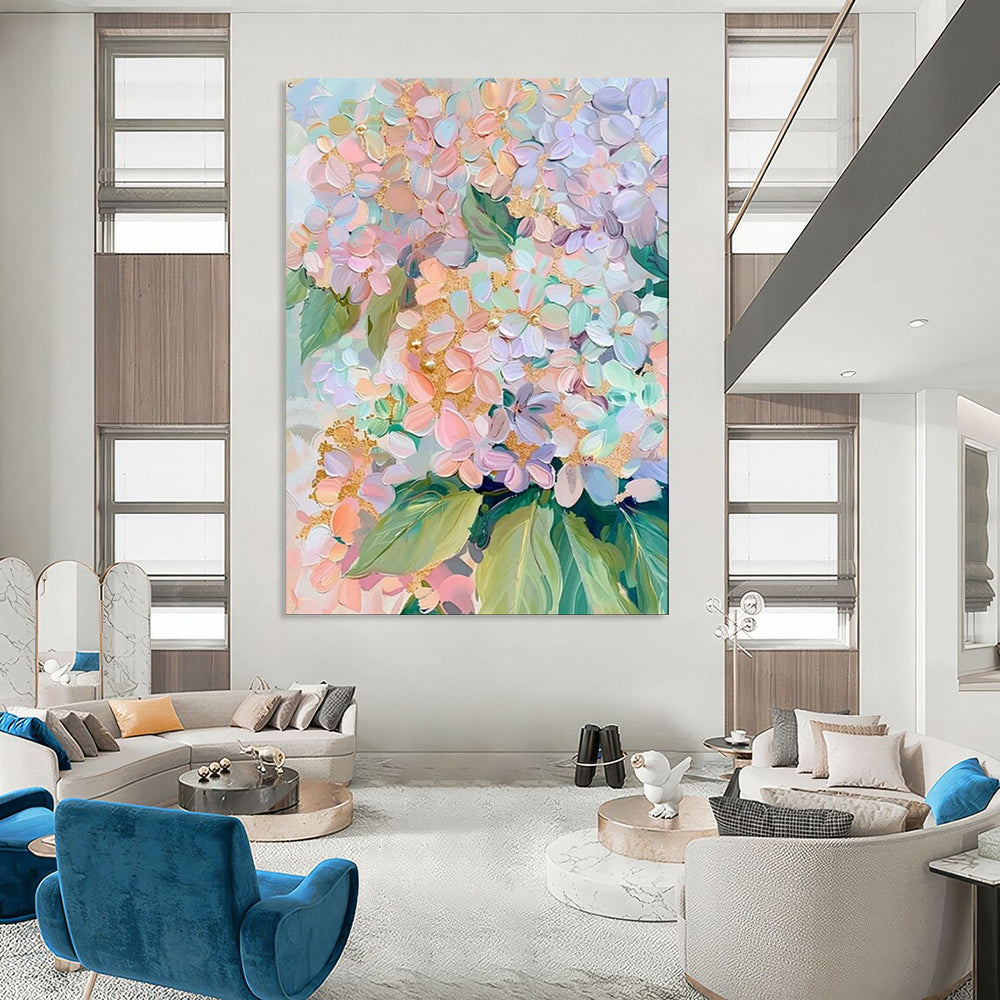 “Pastel Hydrangeas with Gold” – Impasto Floral Painting On Canvas CT2111