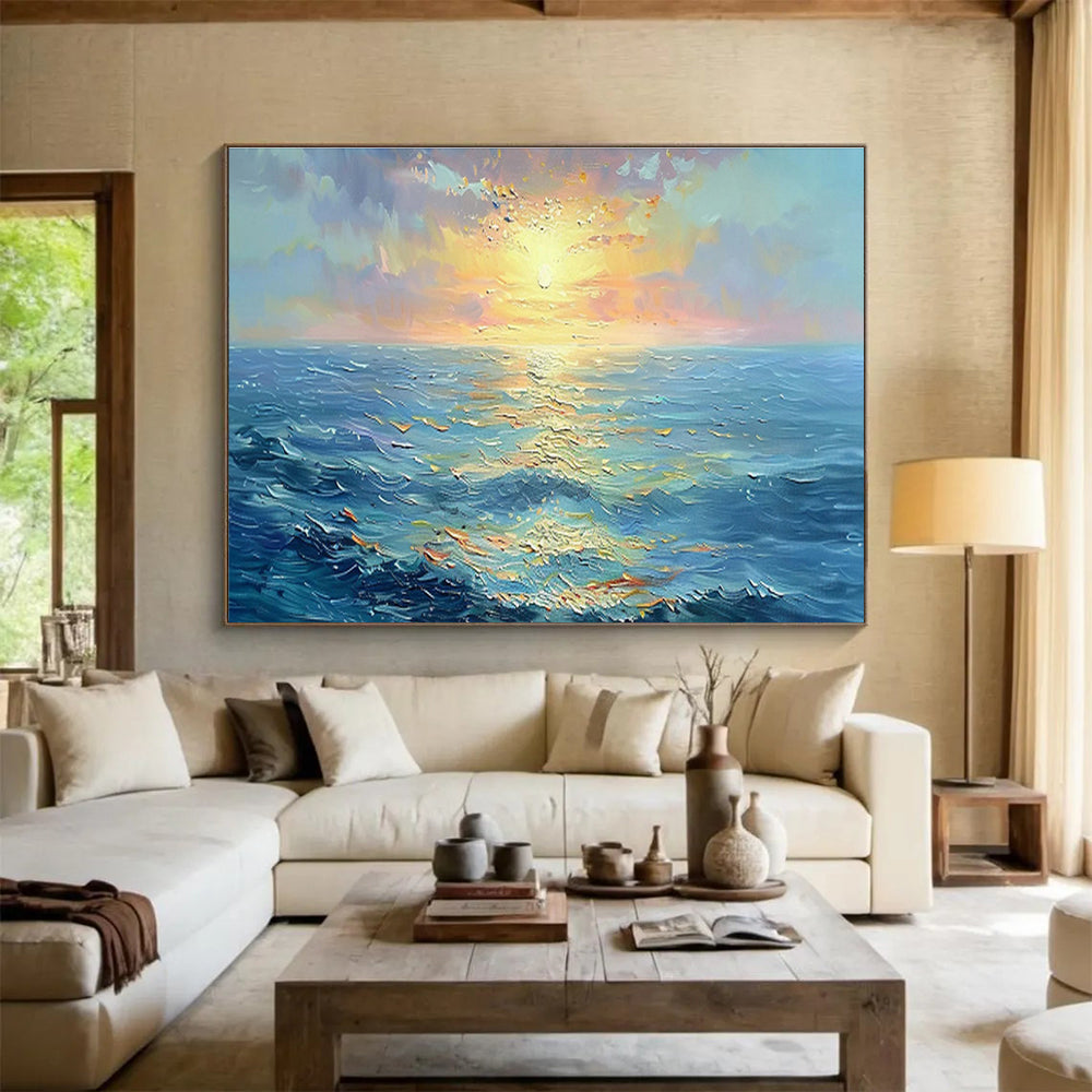 “Sunset Sea Sparkle” - Blue, Orange, Yellow Impressionistic Seascape Painting On Canvas DKH760