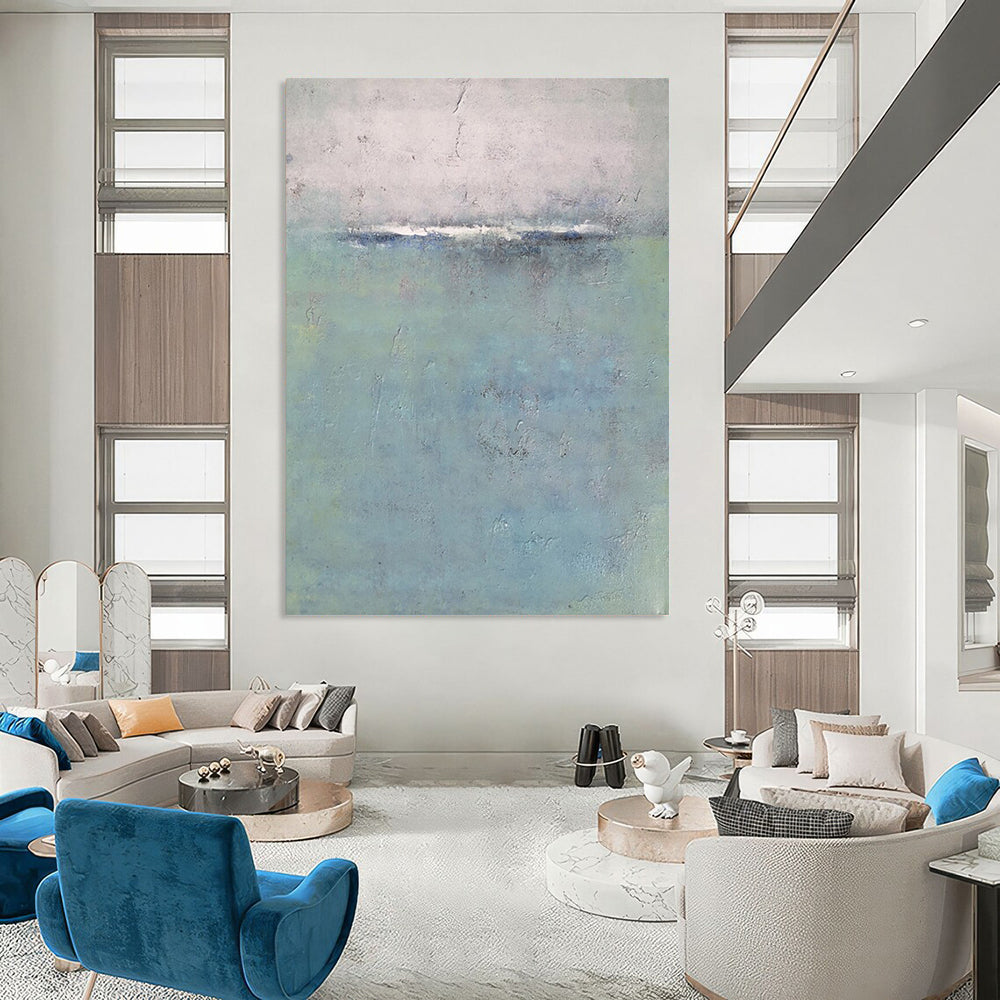 “Blue, Gray, Green Subtle Horizon ‘Quiet Calm’” - Impasto Abstract Landscape Painting On Canvas DTP354