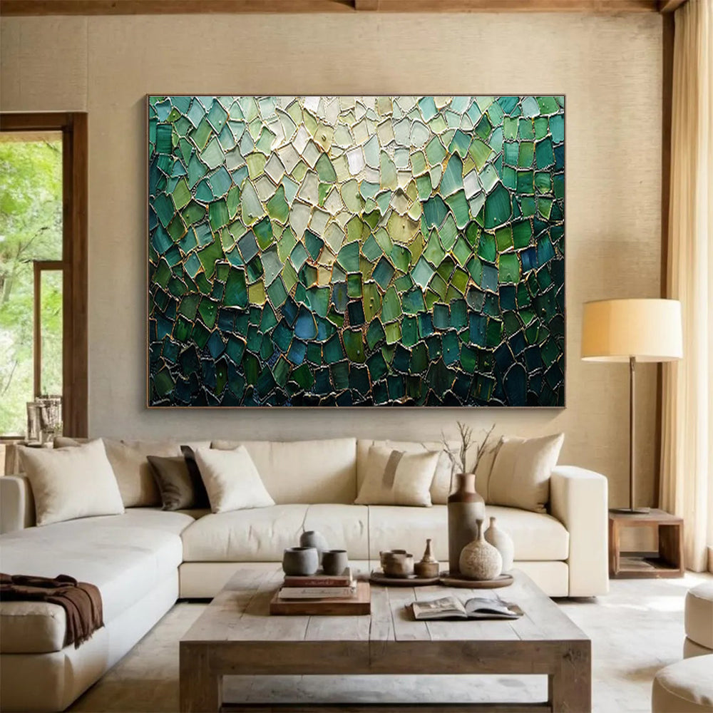 “Green Mosaic Glass” - Green, Blue, Gold Mosaic Artwork On Canvas DKH759