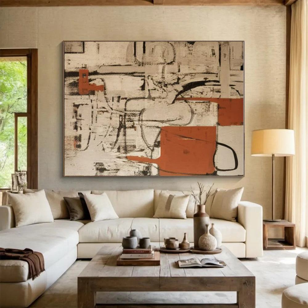 “Beige - Black - Orange Abstract Networks” ,Abstract Oil Painting CT0835