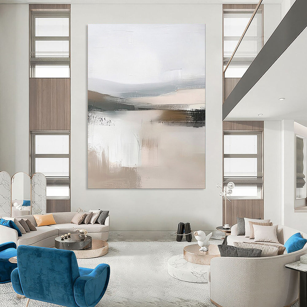 “Abstract Lake Reflections” – Modernist Landscape Oil Painting with Gray and Beige Textures CT2059