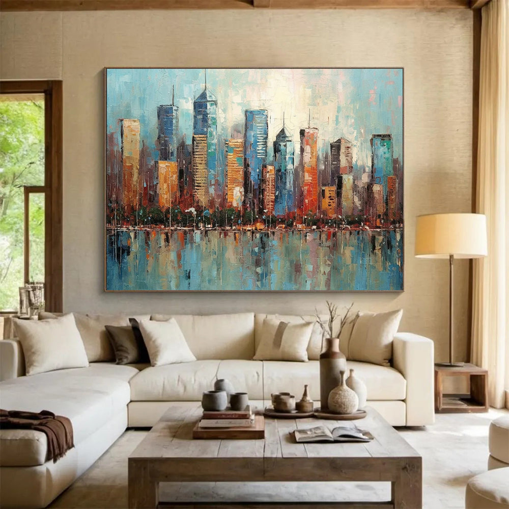 “Colorful Cityscape Reflection” Cityscape Painting On Canvas DLZ077