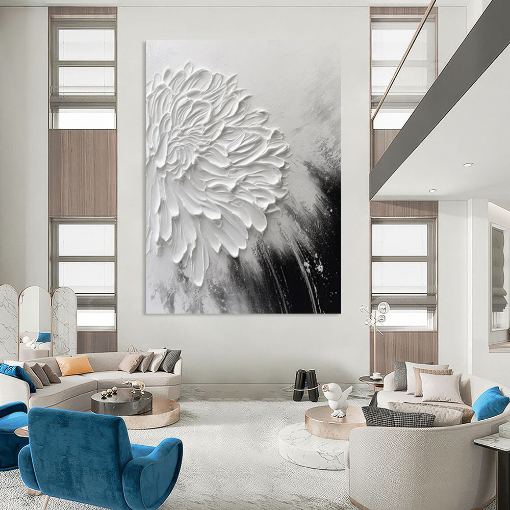 “Textured White Flower” - Black & White Floral Painting On Canvas CT2216