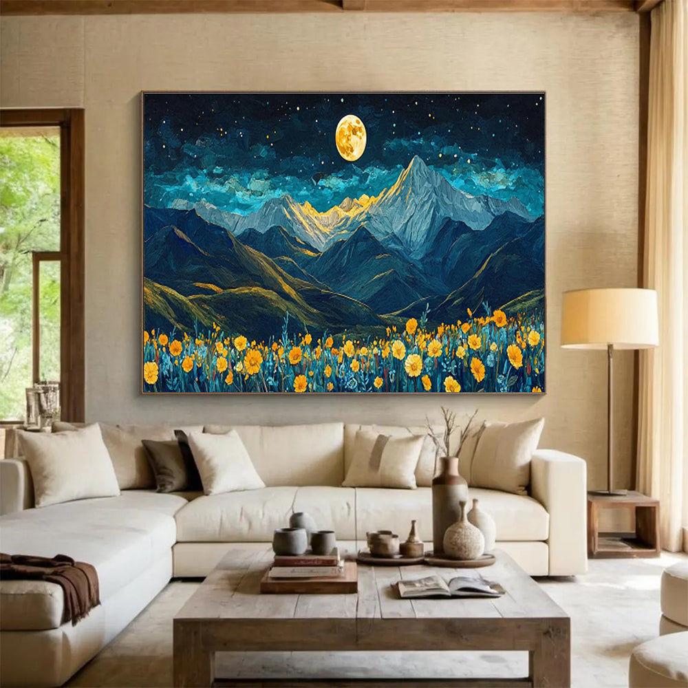 “Moonlit Peaks & Blooms” - Blue, Yellow, Gold Landscape Fantasy Painting On Canvas DKH694