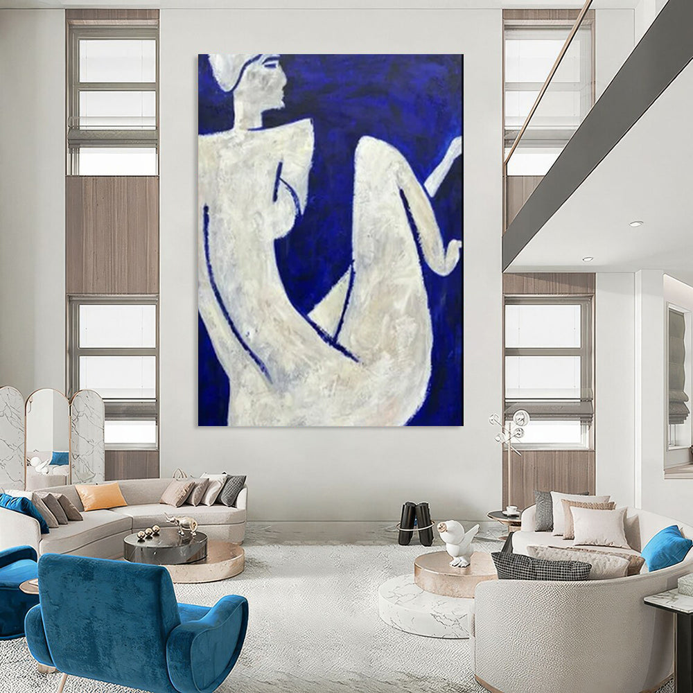 “White Figures On Blue Background” - Figurative Abstract Painting On Canvas CT2329