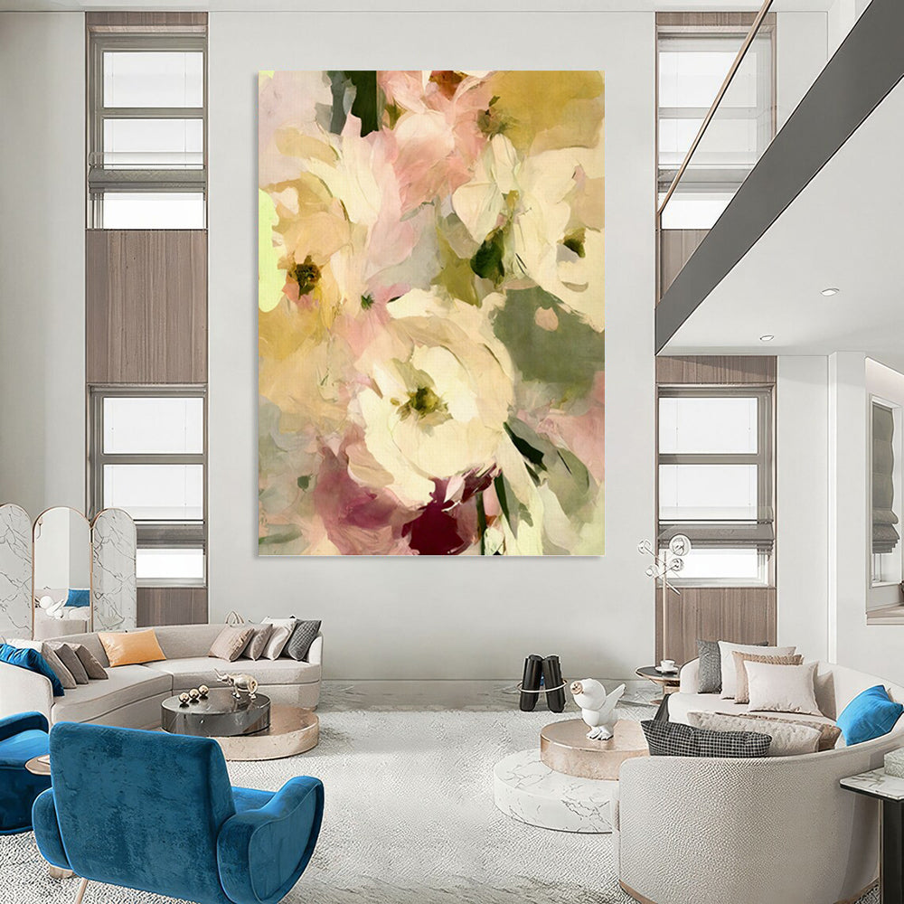 Pale Pink and Yellow Floral Bunch - Delicate Flower Painting On Canvas DKH1354