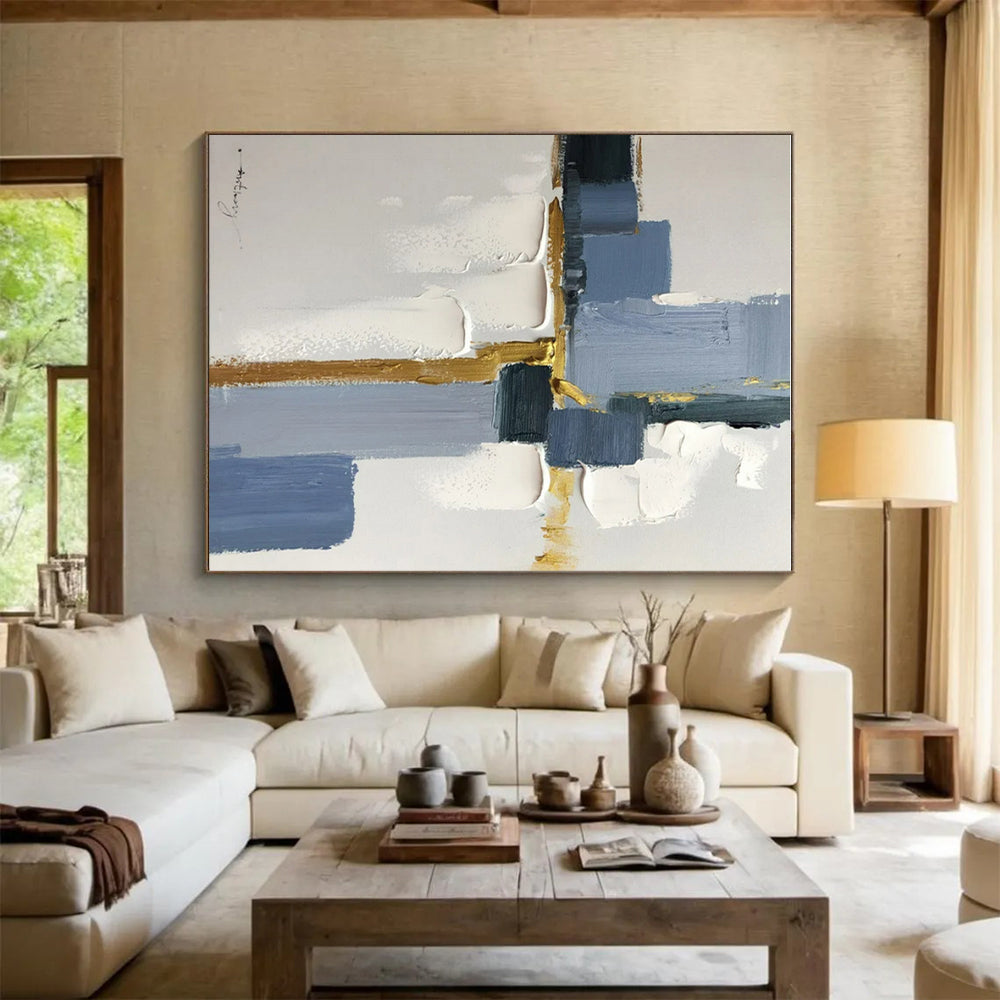 “Blue - White - Gold Geometric Abstraction” ,Abstract Acrylic Painting CT0805