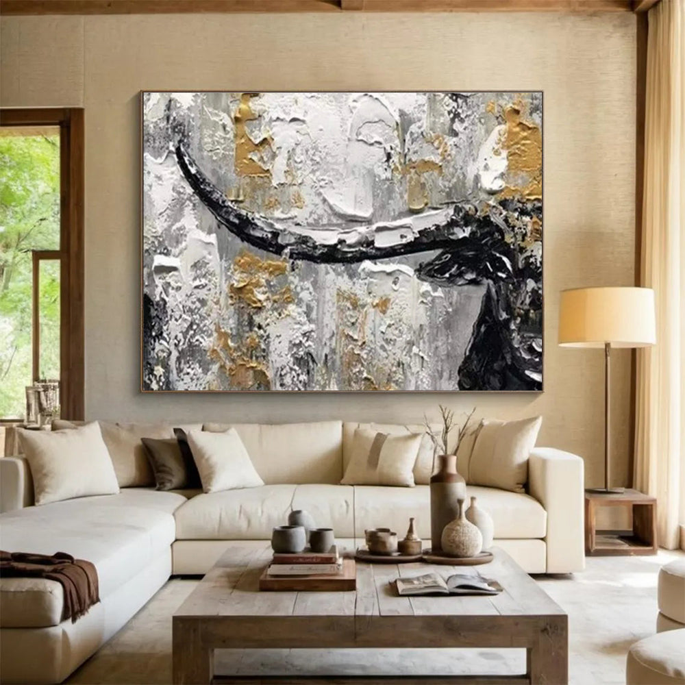 “Black, White & Gold Textured Bull” Abstract Animal Painting On Canvas DKH336