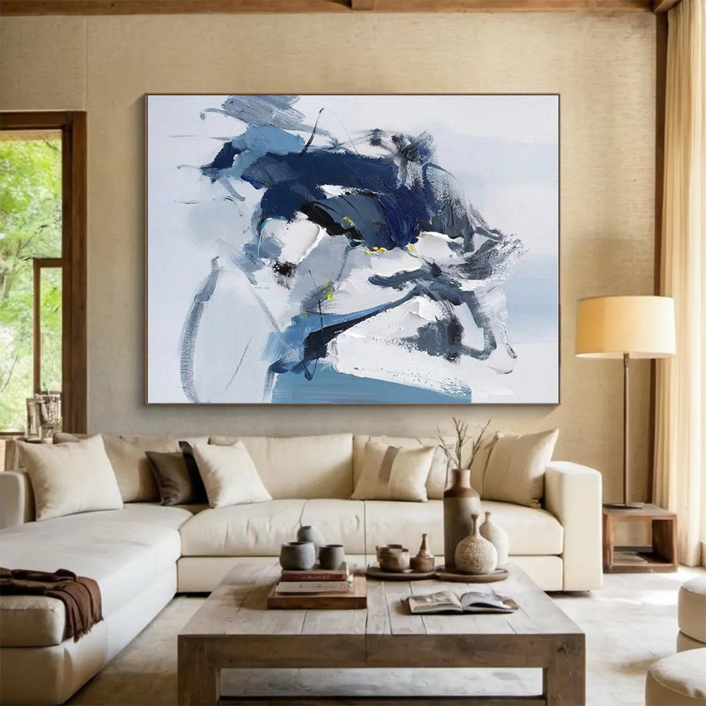 Blue, Gray, White & Yellow Abstract Forms, “Airy Motion” - Impasto Abstract Painting CT0780