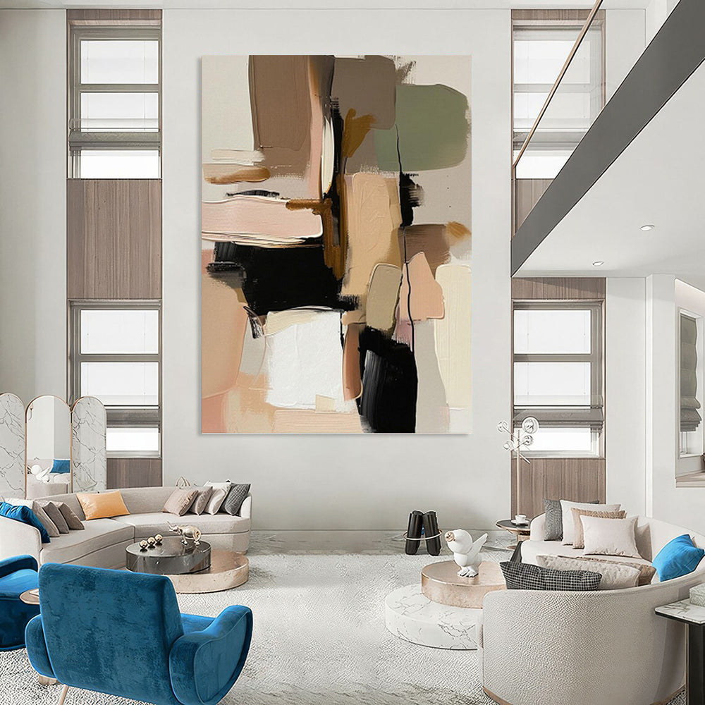 Earth Tones & Black Shapes - Abstract Geometric Painting On Canvas DKH1240
