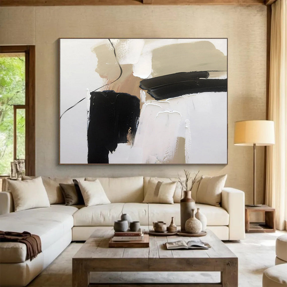 Minimalist Black and Beige Abstract Painting On Canvas DKH313