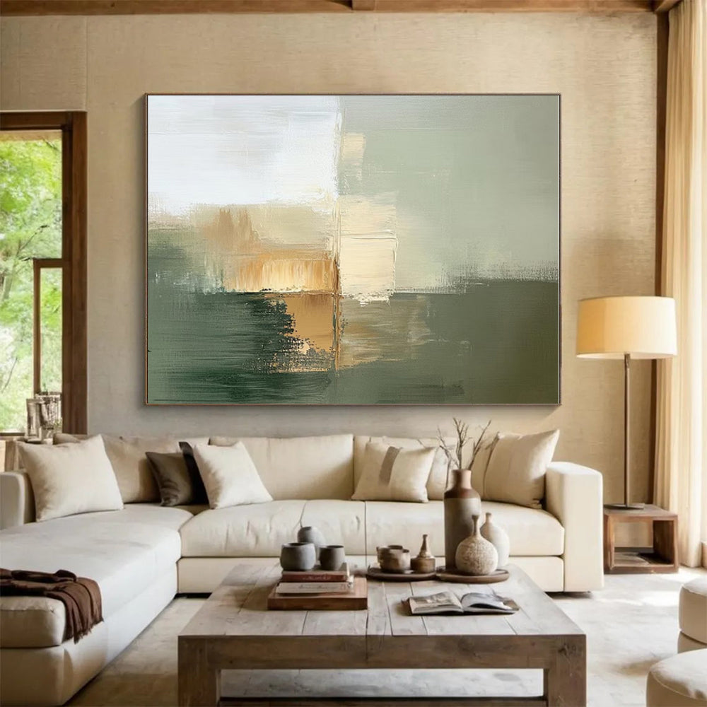 Green, Beige & White Subtle Forms, “Muted Serenity” - Minimalist Abstract Painting CT0770