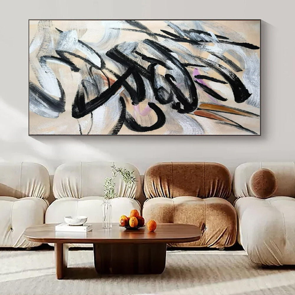 Black Calligraphic Swirls - Abstract Calligraphic Acrylic On Canvas CT1325