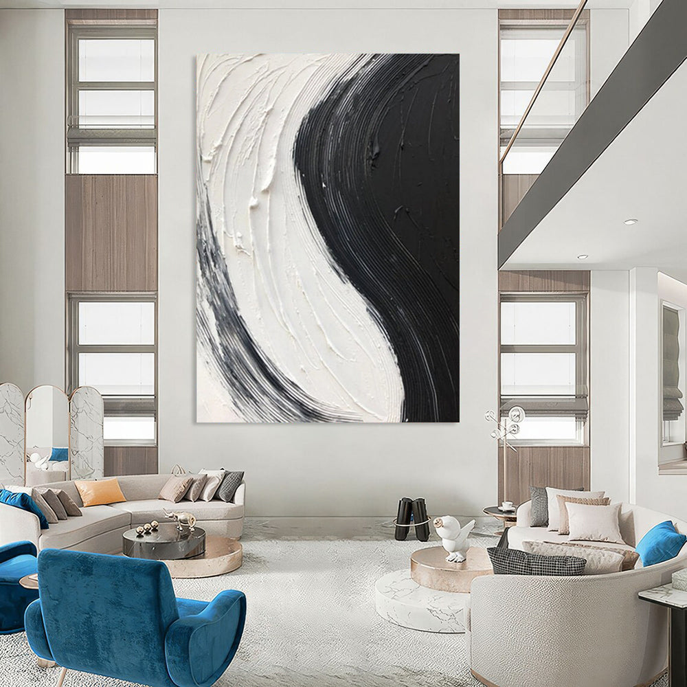 “Black, White Swirl ‘Yin - Yang Flow’” - Impasto Abstract Painting On Canvas DTP376
