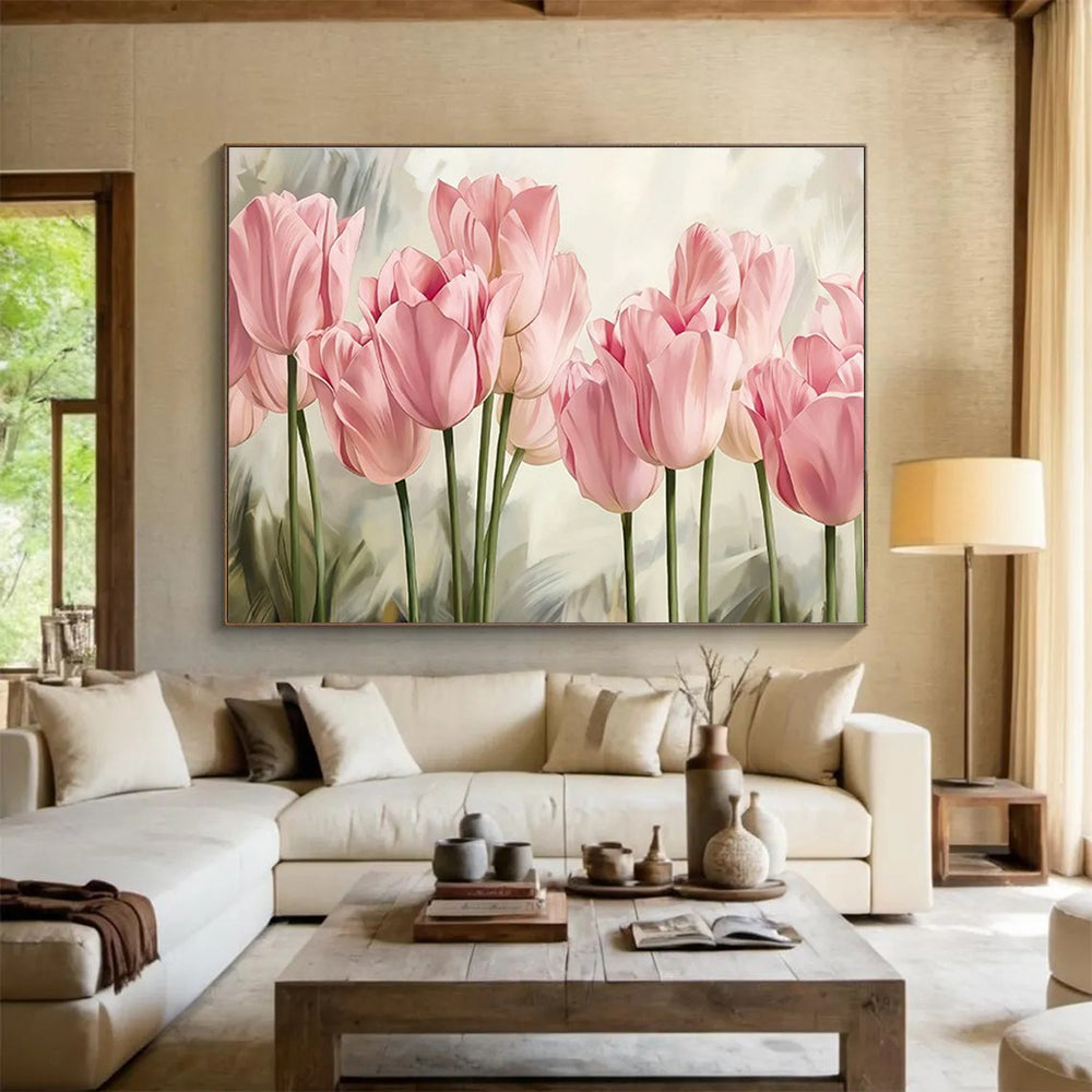 Realistic Pink Tulips - Pink & Green Floral Painting On Canvas DKH898