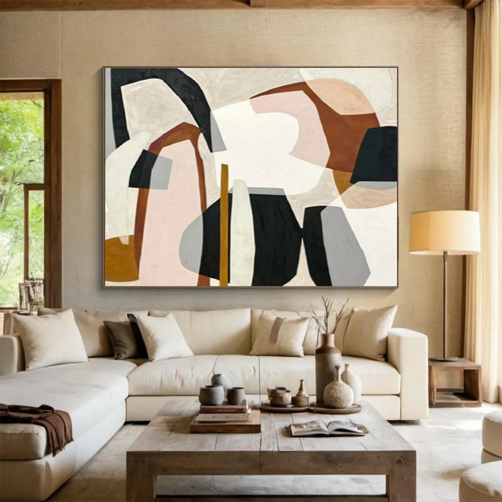 Soft - Toned Abstract Shapes with Beige, Pink, and Black, Minimalist Geometric Painting On Canvas DKH581