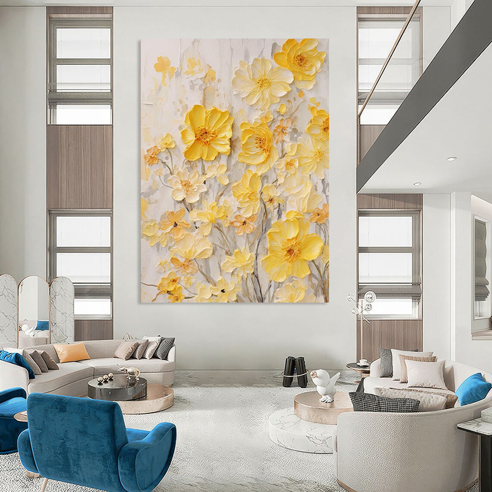 “Yellow Floral Relief” - Yellow, White, Gray Textured Floral Painting On Canvas DTP289