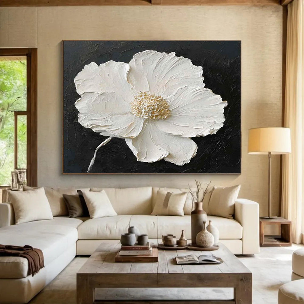 “Textured White Flower on Black” 3D Floral Painting On Canvas DLZ091