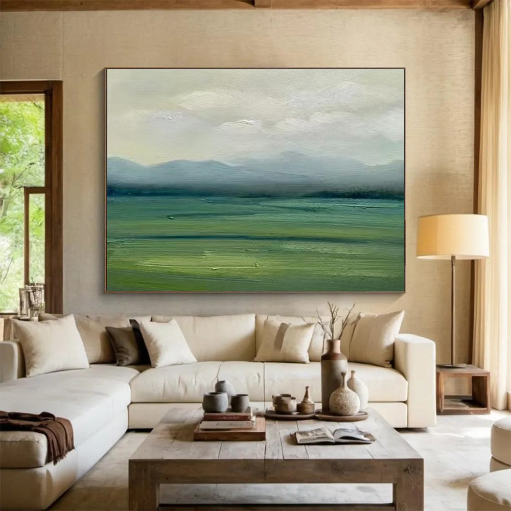 Muted Green and Gray Landscape “Misty Mountain Vista” Painting On Canvas DKH101
